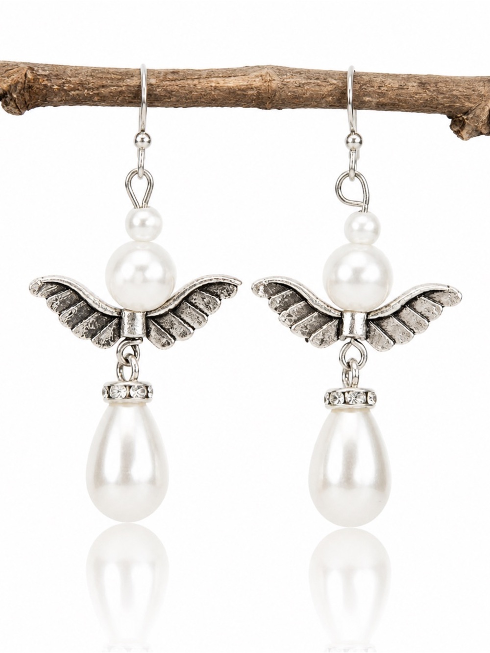 Angel Wing Pearl Drop Earrings, Silver Tone, Spiritual Gift
